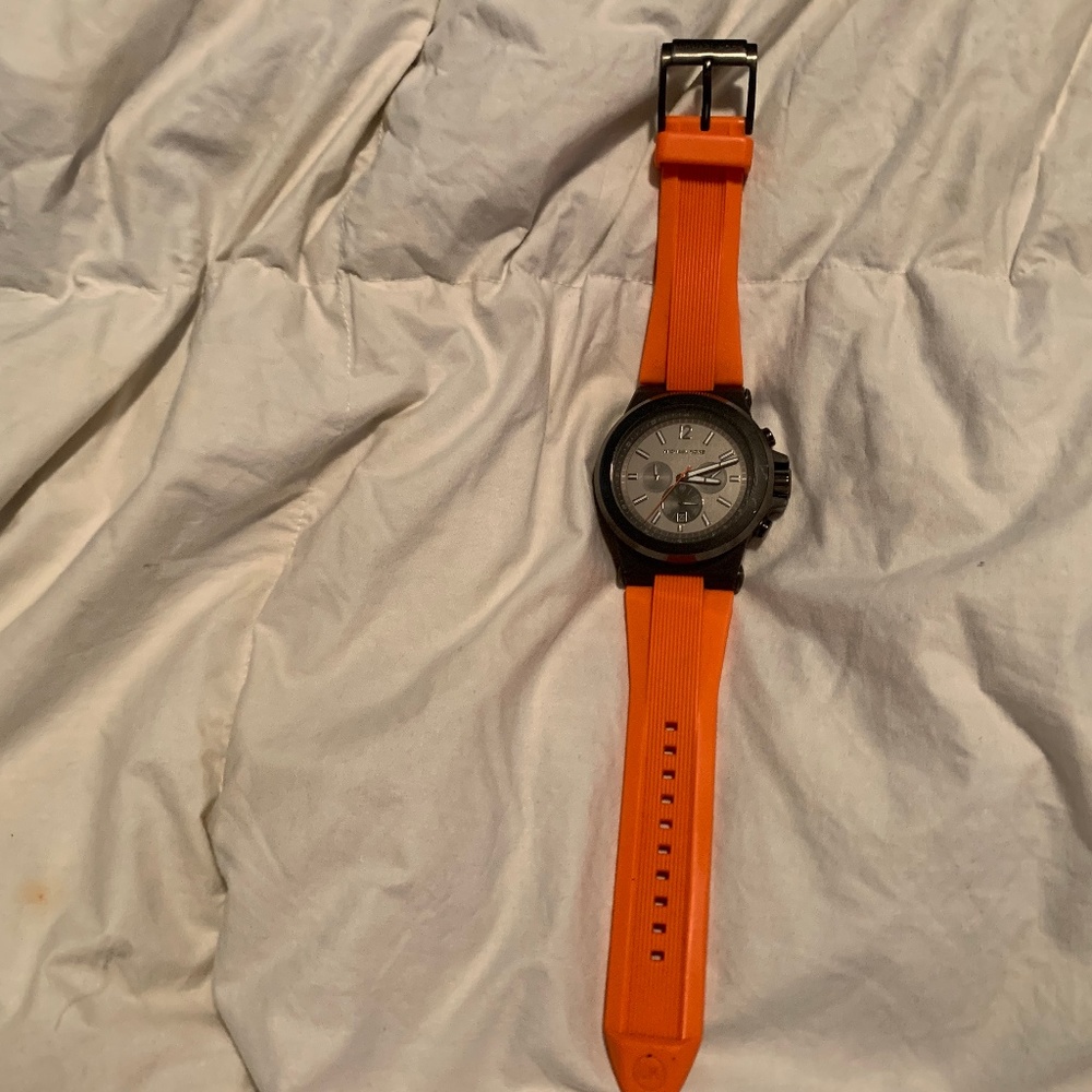 MICHAEL KORS GUNMETAL ORANGE BAND WATCH